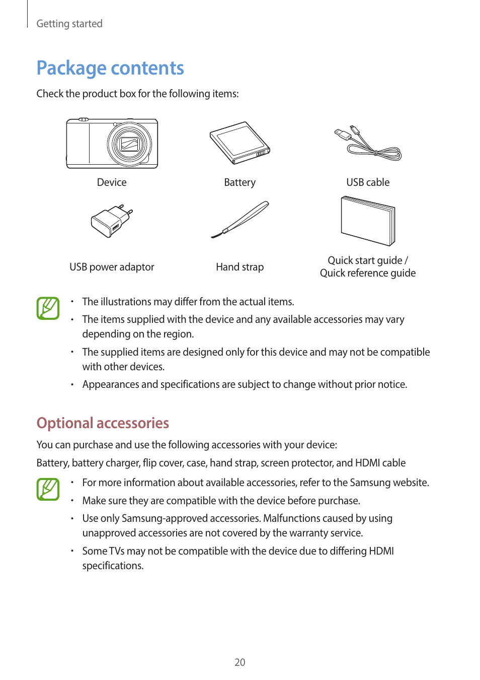 Package contents, 20 package contents, Optional accessories | Samsung EK-GC200ZWAXAR User Manual | Page 20 / 166