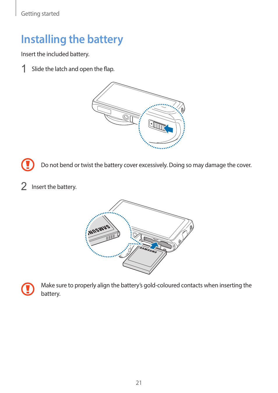 Installing the battery, 21 installing the battery | Samsung EK-GC200ZWAXAR User Manual | Page 21 / 166