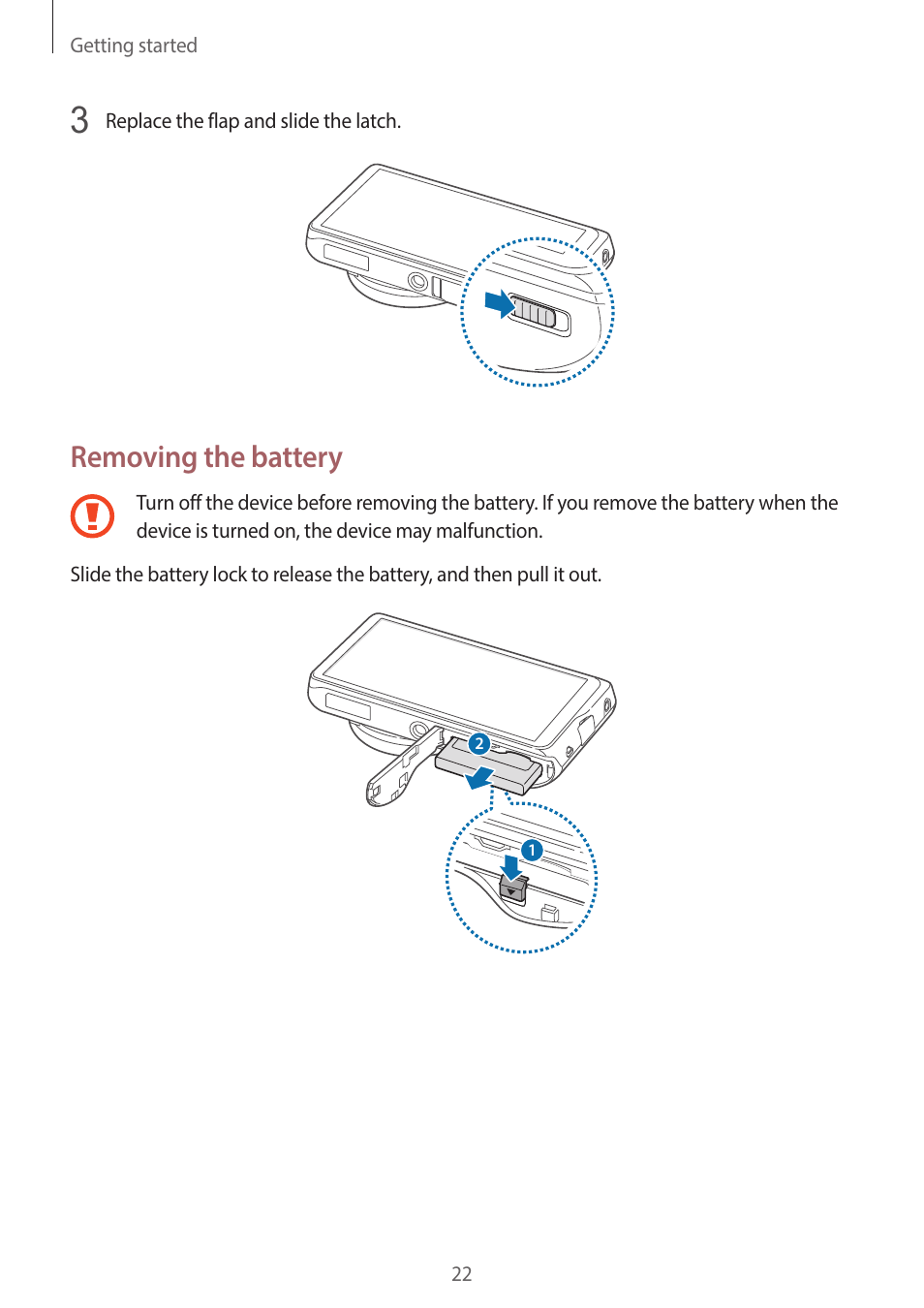 Removing the battery | Samsung EK-GC200ZWAXAR User Manual | Page 22 / 166