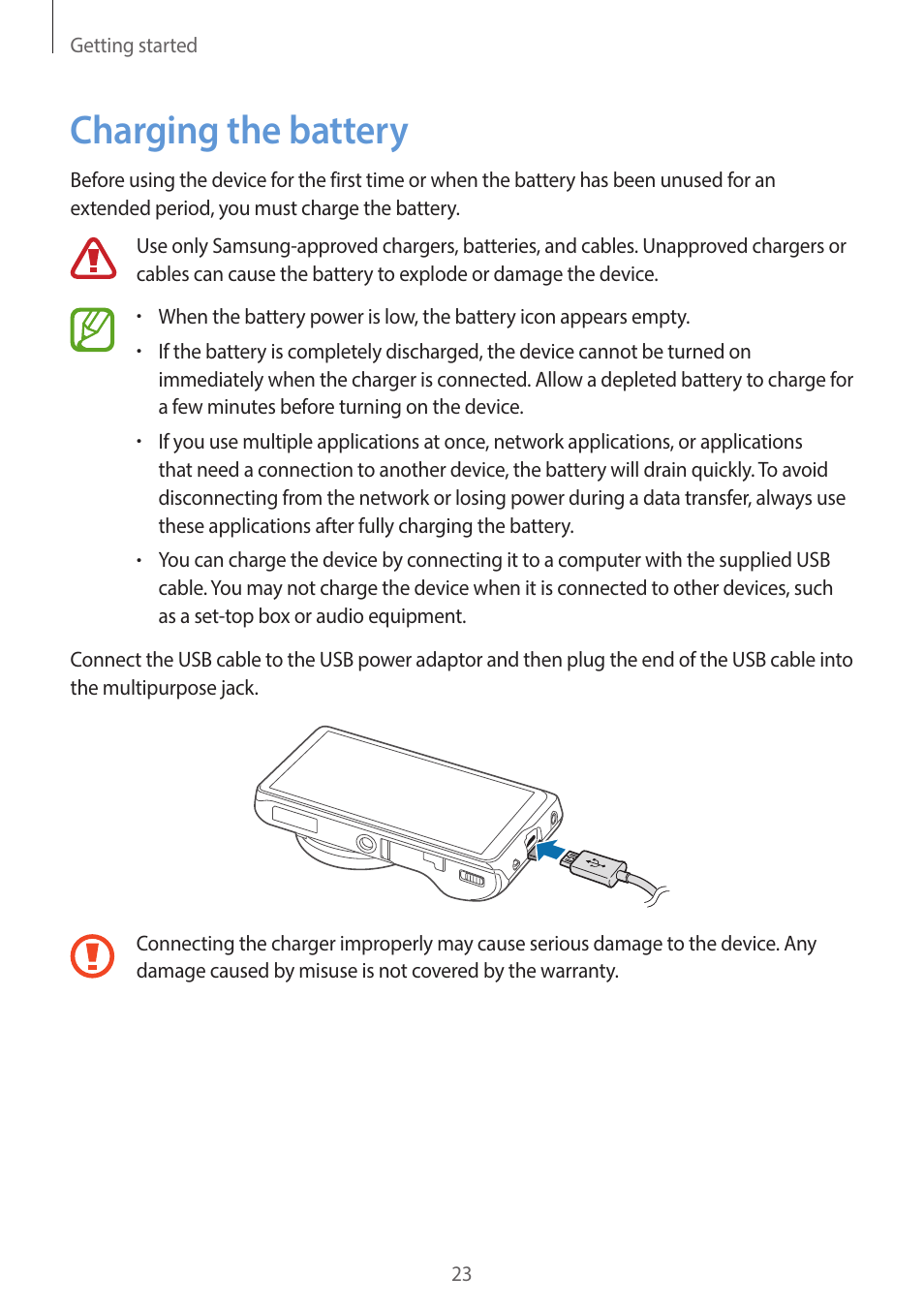 Charging the battery, 23 charging the battery | Samsung EK-GC200ZWAXAR User Manual | Page 23 / 166