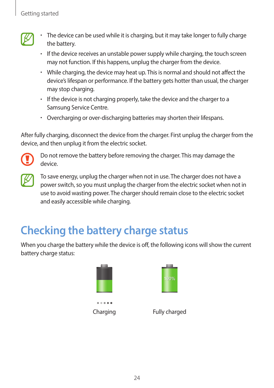 Checking the battery charge status, 24 checking the battery charge status | Samsung EK-GC200ZWAXAR User Manual | Page 24 / 166