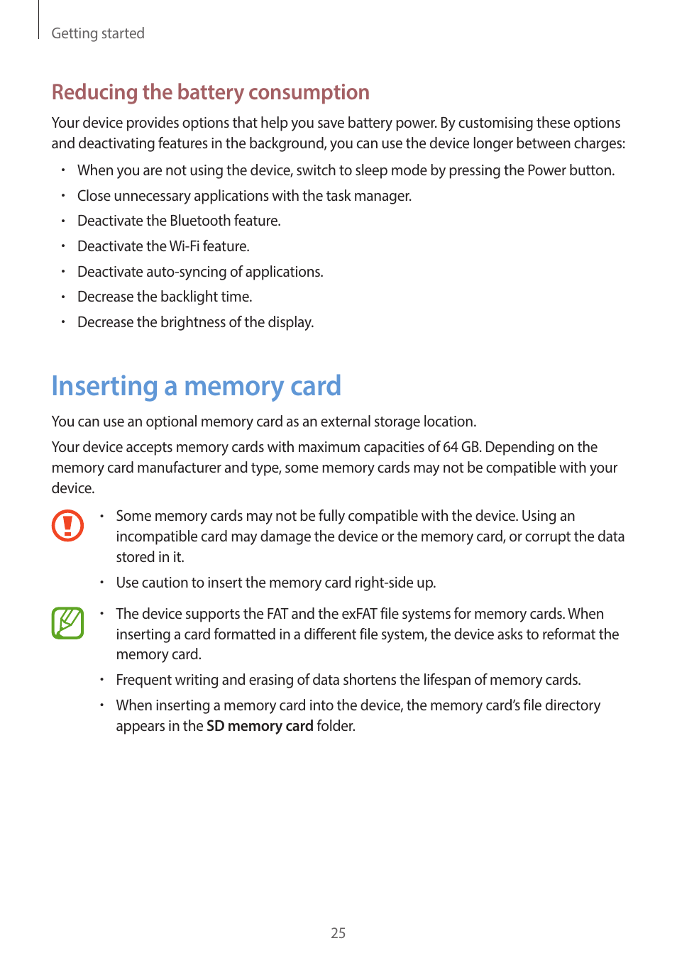 Inserting a memory card, 25 inserting a memory card, Reducing the battery consumption | Samsung EK-GC200ZWAXAR User Manual | Page 25 / 166