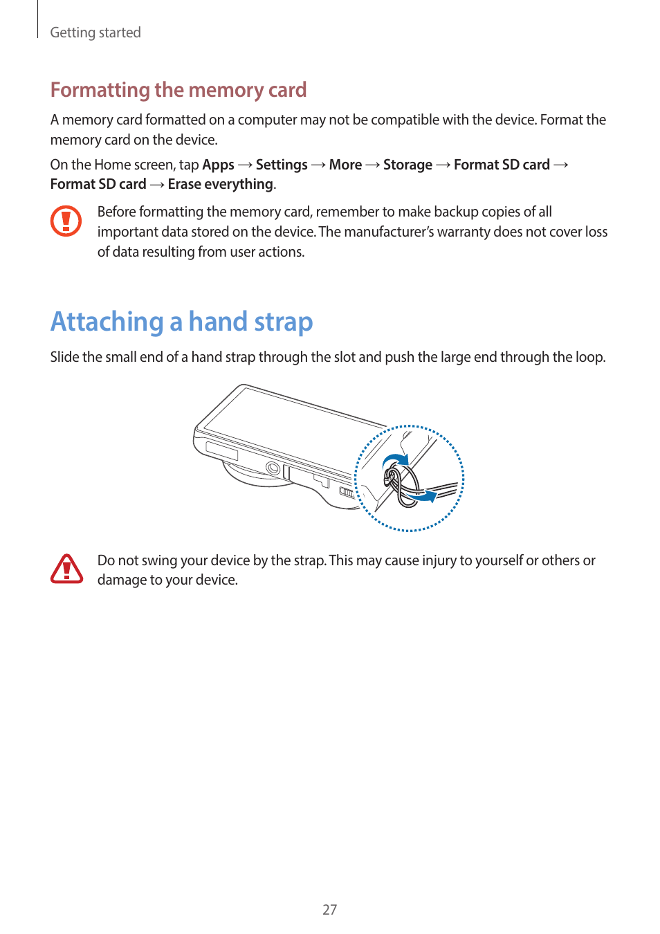 Attaching a hand strap, 27 attaching a hand strap | Samsung EK-GC200ZWAXAR User Manual | Page 27 / 166