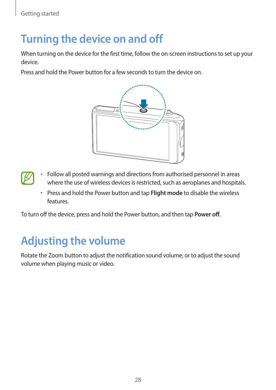 Turning the device on and off, Adjusting the volume | Samsung EK-GC200ZWAXAR User Manual | Page 28 / 166