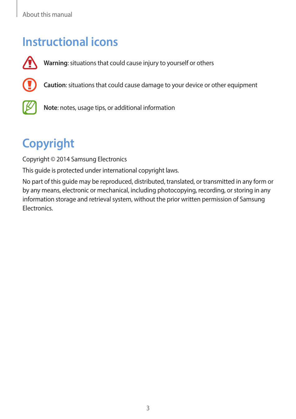 Instructional icons, Copyright | Samsung EK-GC200ZWAXAR User Manual | Page 3 / 166