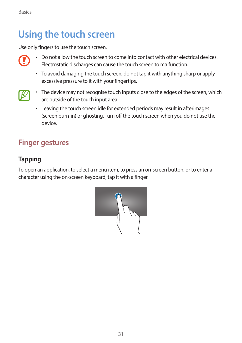 Using the touch screen, 31 using the touch screen, Finger gestures | Samsung EK-GC200ZWAXAR User Manual | Page 31 / 166