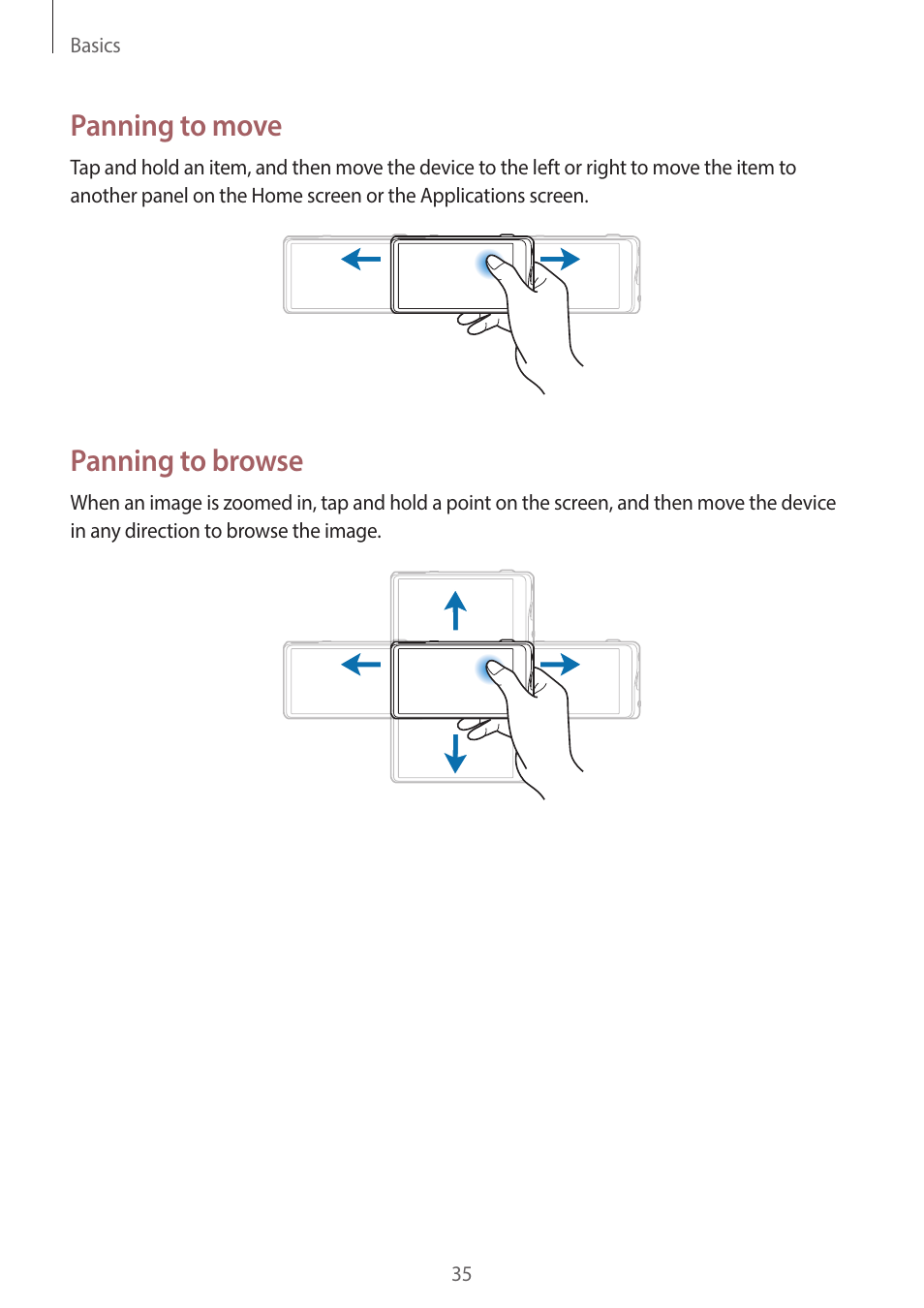 Panning to move, Panning to browse | Samsung EK-GC200ZWAXAR User Manual | Page 35 / 166