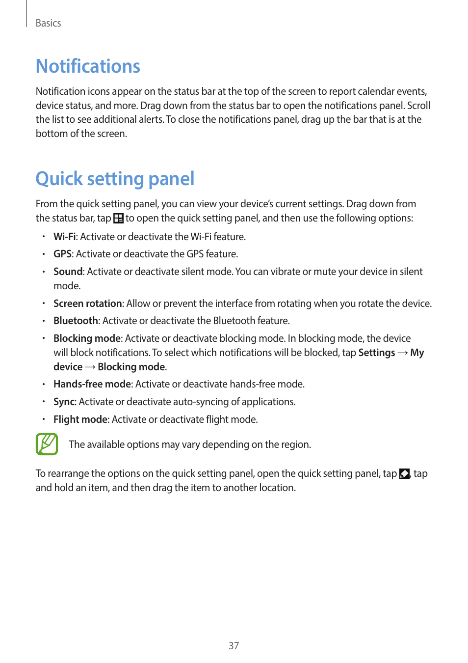 Notifications, Quick setting panel, 37 notifications 37 quick setting panel | Samsung EK-GC200ZWAXAR User Manual | Page 37 / 166