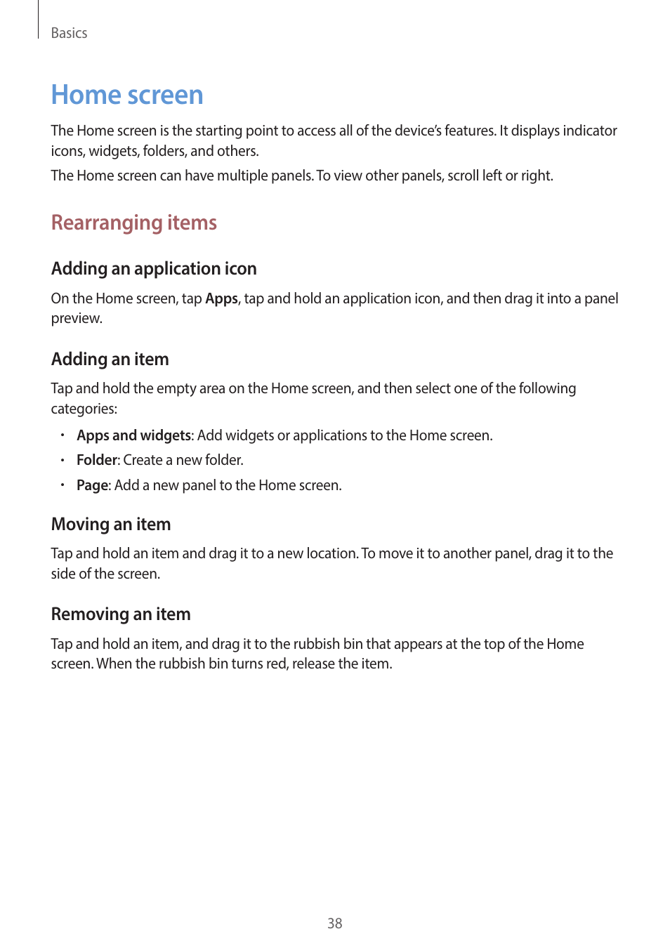 Home screen, 38 home screen, Rearranging items | Samsung EK-GC200ZWAXAR User Manual | Page 38 / 166