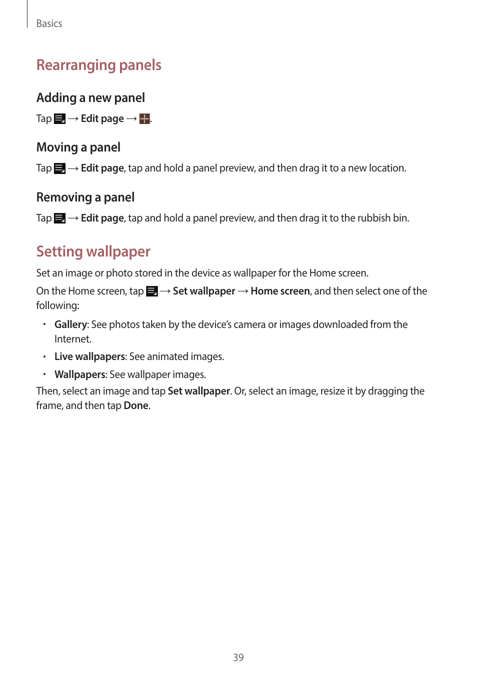 Rearranging panels, Setting wallpaper | Samsung EK-GC200ZWAXAR User Manual | Page 39 / 166