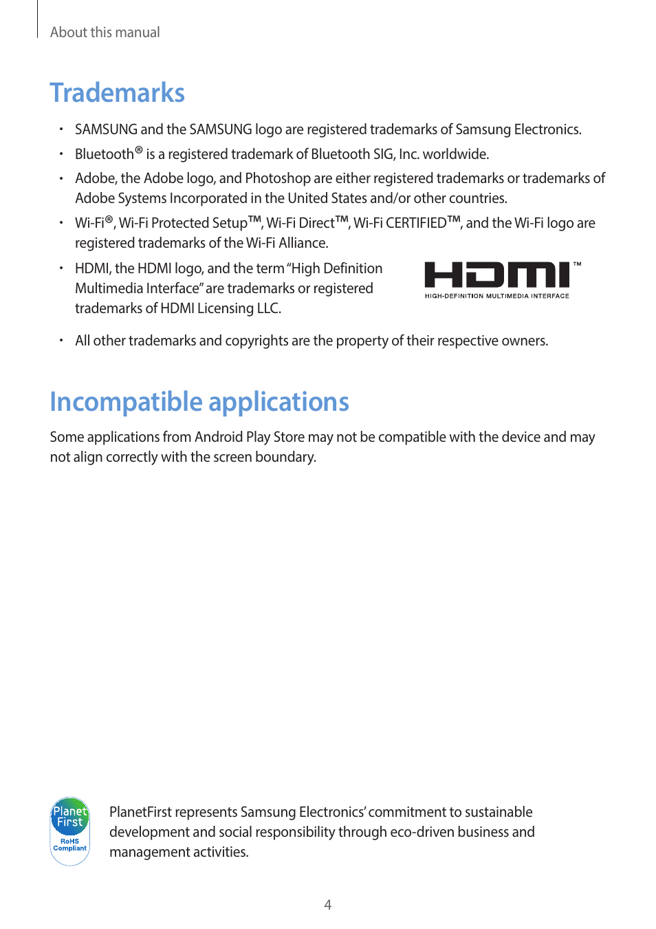 Trademarks, Incompatible applications | Samsung EK-GC200ZWAXAR User Manual | Page 4 / 166