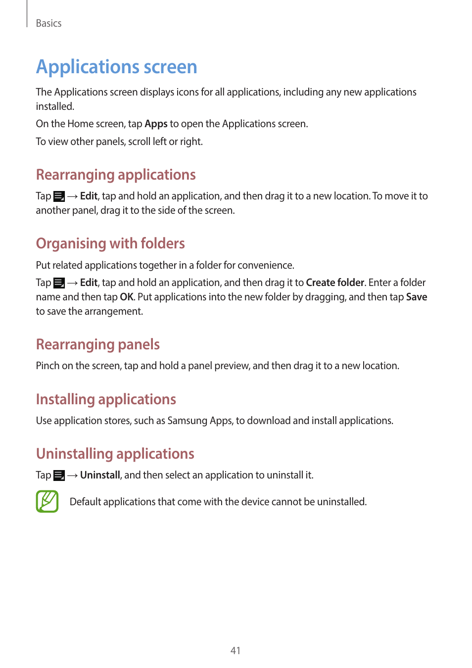 Applications screen, 41 applications screen, Rearranging applications | Organising with folders, Rearranging panels, Installing applications, Uninstalling applications | Samsung EK-GC200ZWAXAR User Manual | Page 41 / 166