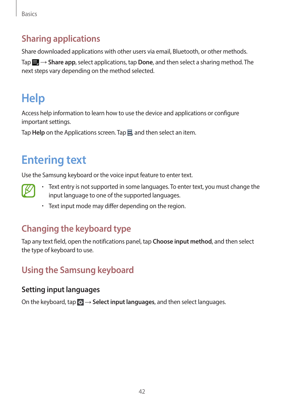 Help, Entering text, 42 help 42 entering text | Sharing applications, Changing the keyboard type, Using the samsung keyboard | Samsung EK-GC200ZWAXAR User Manual | Page 42 / 166