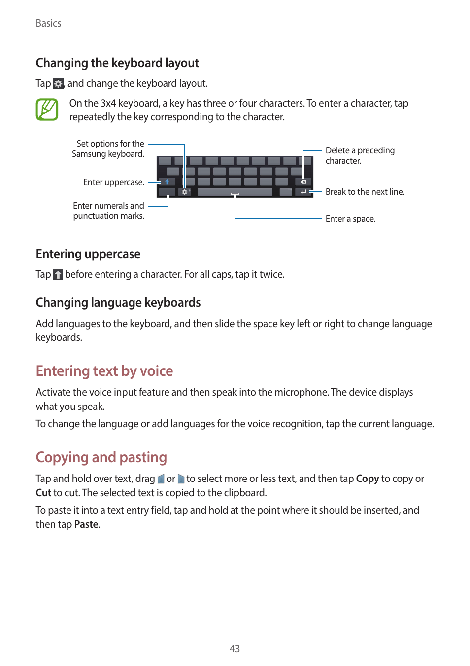 Entering text by voice, Copying and pasting, Changing the keyboard layout | Entering uppercase, Changing language keyboards | Samsung EK-GC200ZWAXAR User Manual | Page 43 / 166