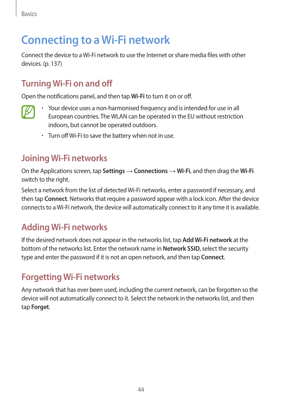 Connecting to a wi-fi network, 44 connecting to a wi-fi network, Turning wi-fi on and off | Joining wi-fi networks, Adding wi-fi networks, Forgetting wi-fi networks | Samsung EK-GC200ZWAXAR User Manual | Page 44 / 166