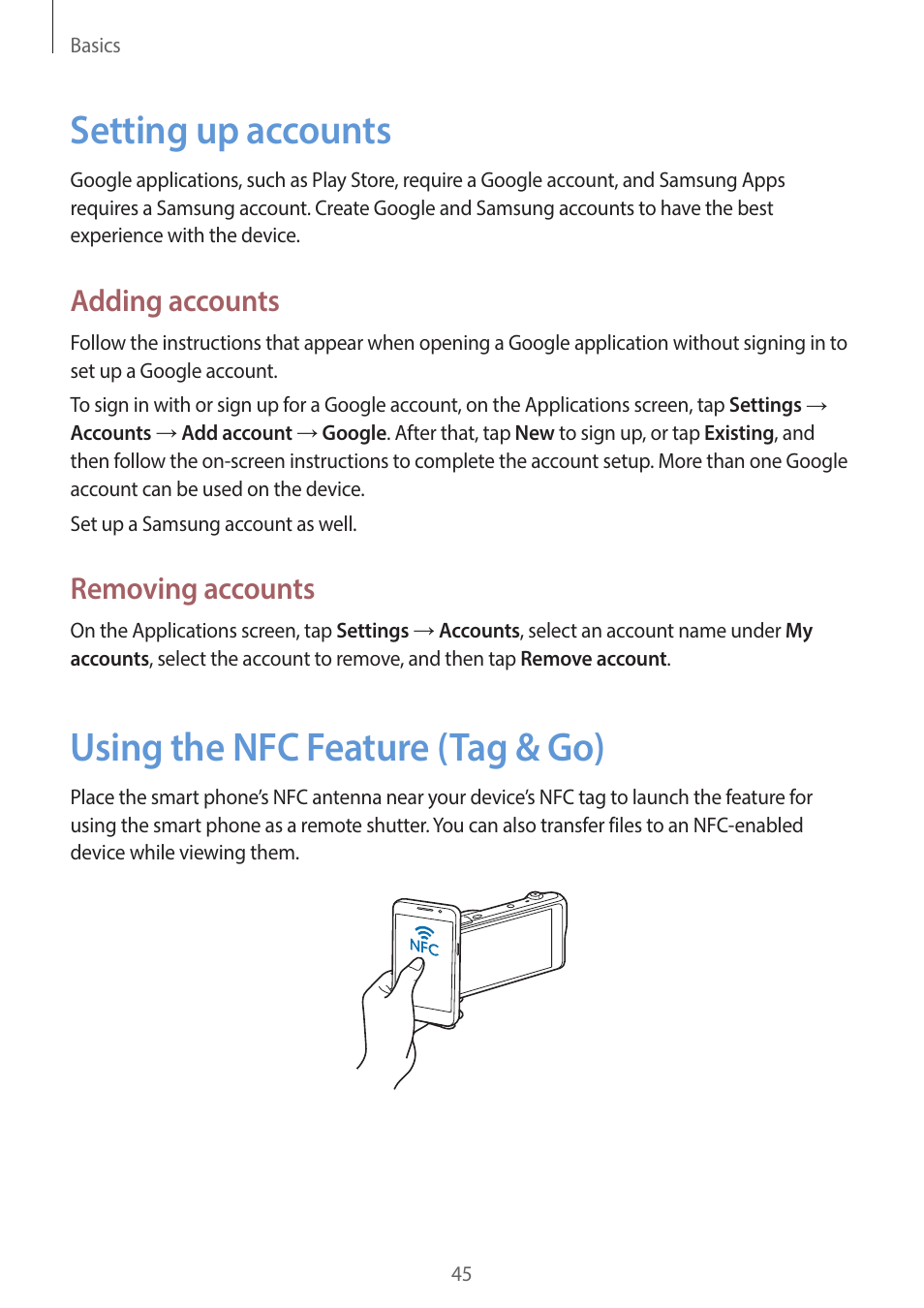 Setting up accounts, Using the nfc feature (tag & go), 45 setting up accounts | 45 using the nfc feature (tag & go), Adding accounts, Removing accounts | Samsung EK-GC200ZWAXAR User Manual | Page 45 / 166