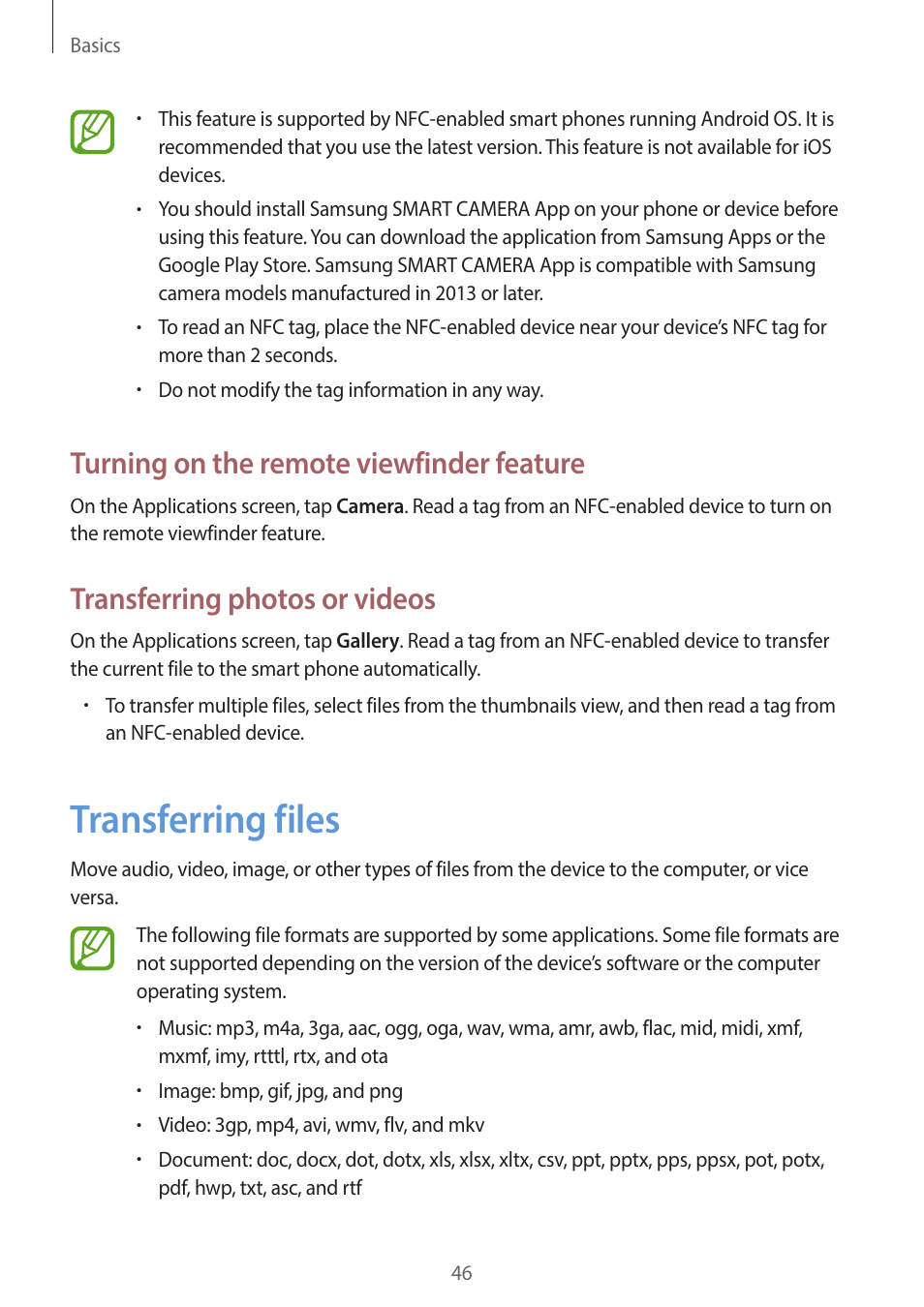 Transferring files, 46 transferring files, Turning on the remote viewfinder feature | Transferring photos or videos | Samsung EK-GC200ZWAXAR User Manual | Page 46 / 166