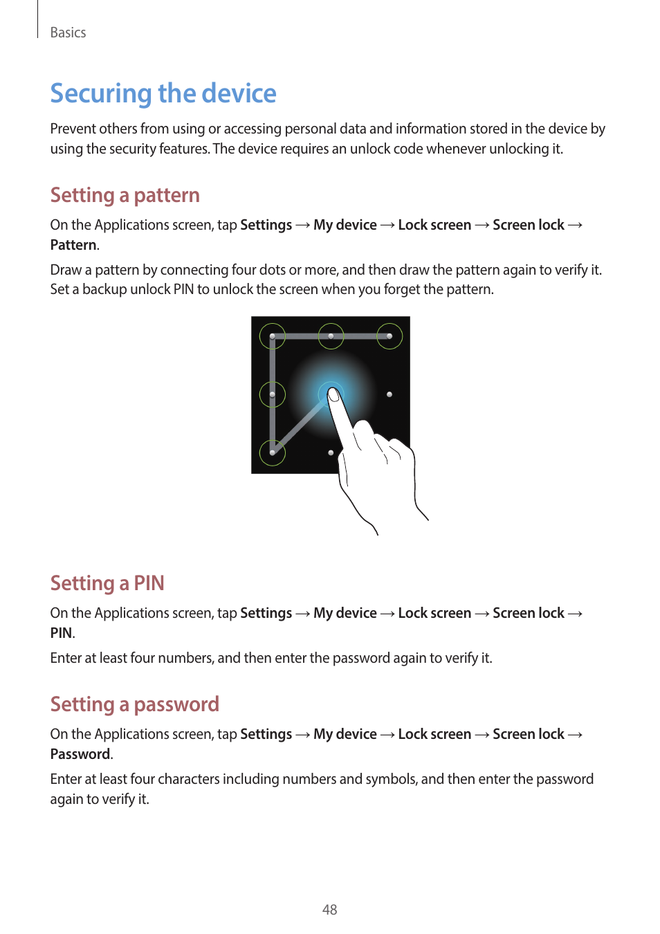 Securing the device, 48 securing the device, Setting a pattern | Setting a pin, Setting a password | Samsung EK-GC200ZWAXAR User Manual | Page 48 / 166