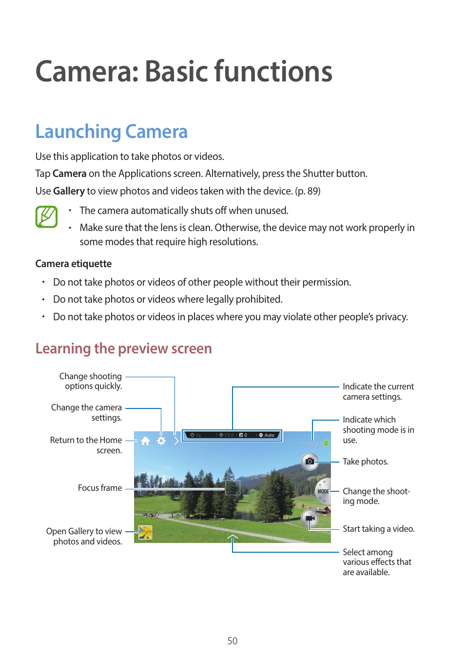 Camera: basic functions, Launching camera, 50 launching camera | Learning the preview screen | Samsung EK-GC200ZWAXAR User Manual | Page 50 / 166