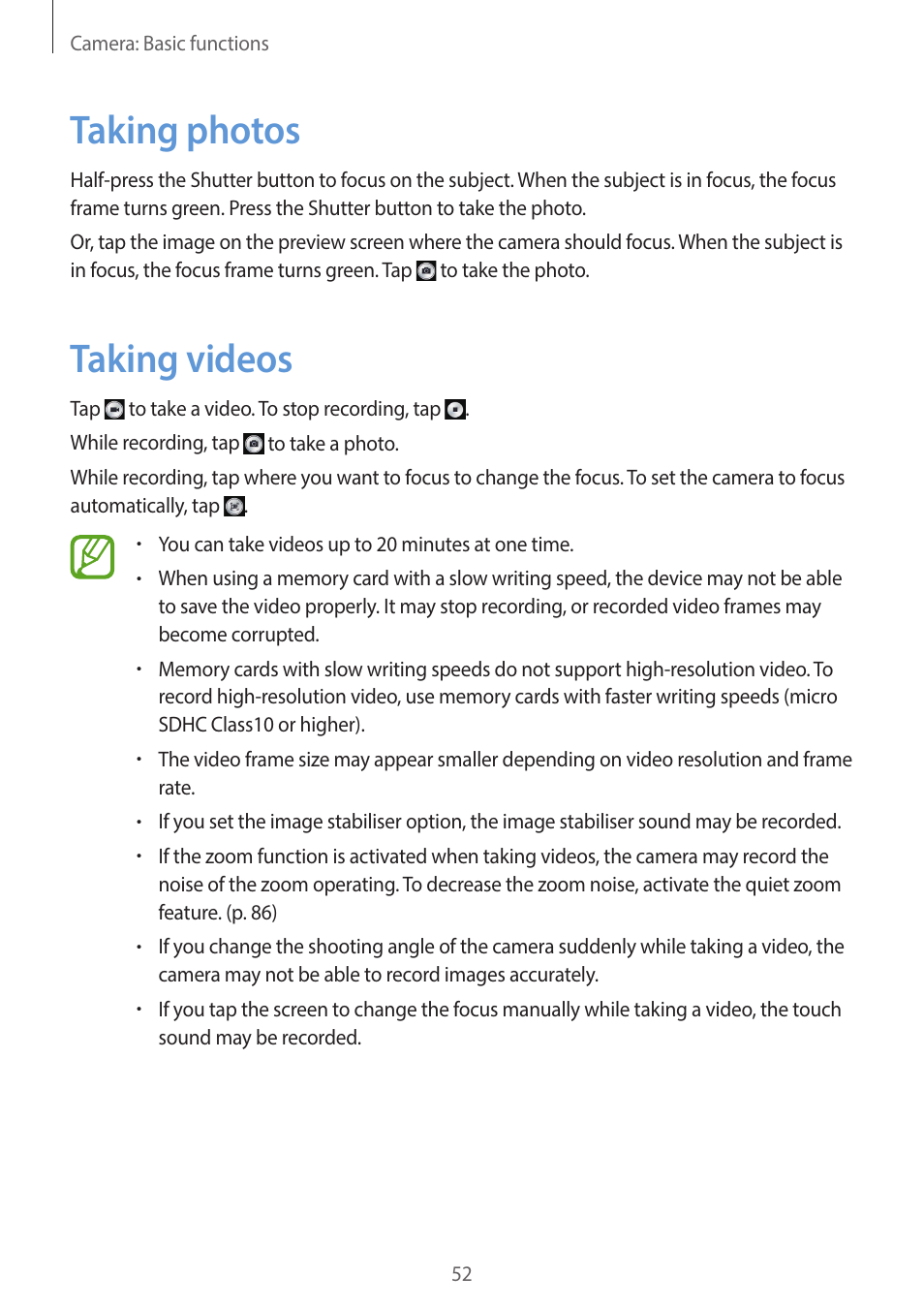 Taking photos, Taking videos, 52 taking photos 52 taking videos | Samsung EK-GC200ZWAXAR User Manual | Page 52 / 166
