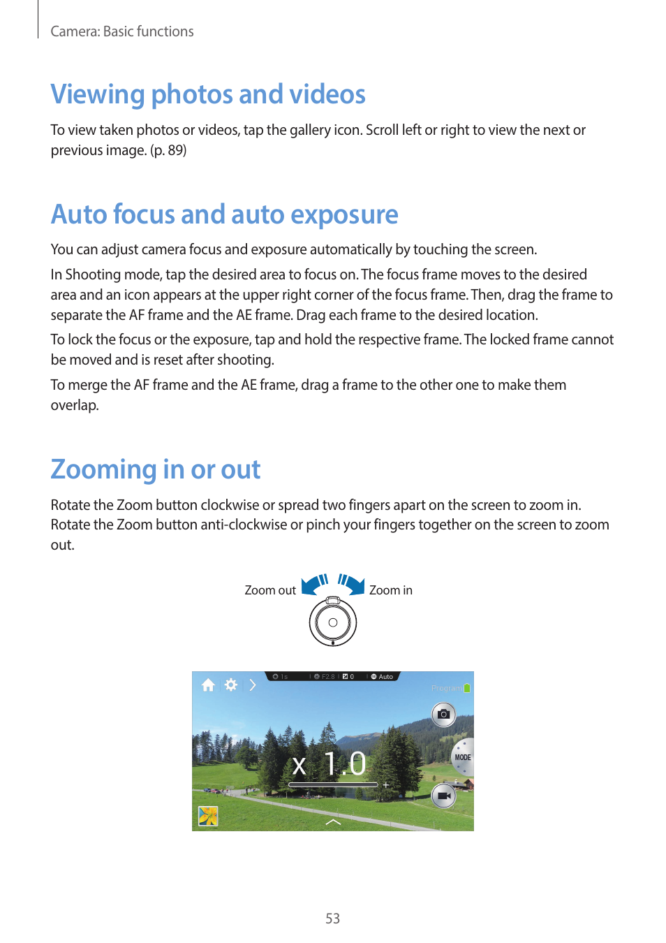 Viewing photos and videos, Auto focus and auto exposure, Zooming in or out | Samsung EK-GC200ZWAXAR User Manual | Page 53 / 166