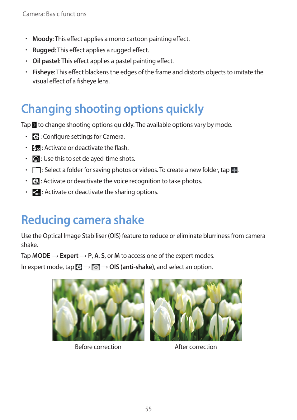 Changing shooting options quickly, Reducing camera shake | Samsung EK-GC200ZWAXAR User Manual | Page 55 / 166