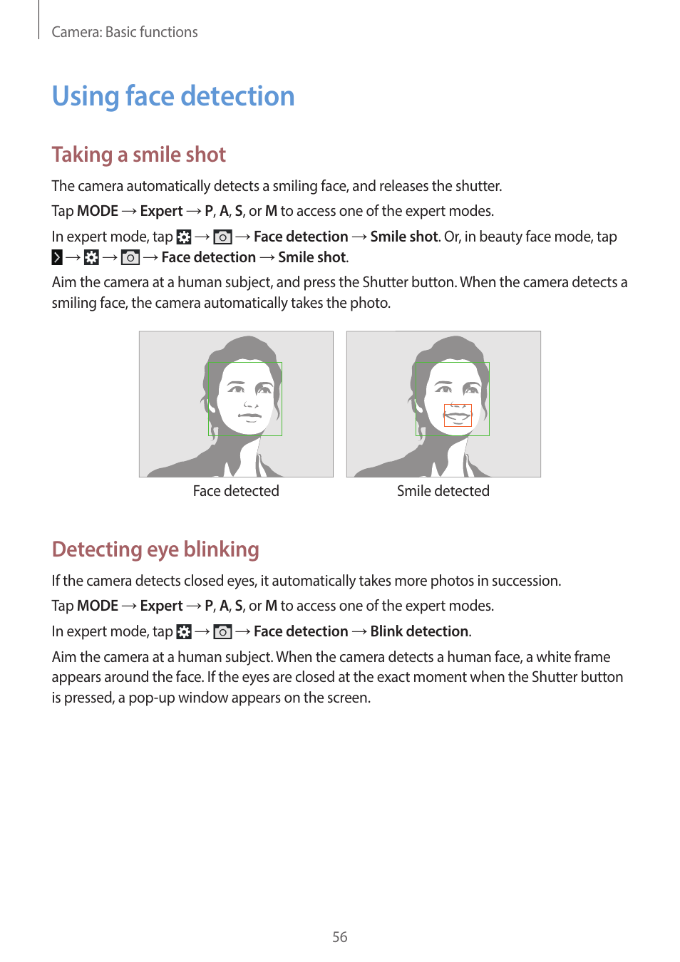 Using face detection, 56 using face detection, Taking a smile shot | Detecting eye blinking | Samsung EK-GC200ZWAXAR User Manual | Page 56 / 166