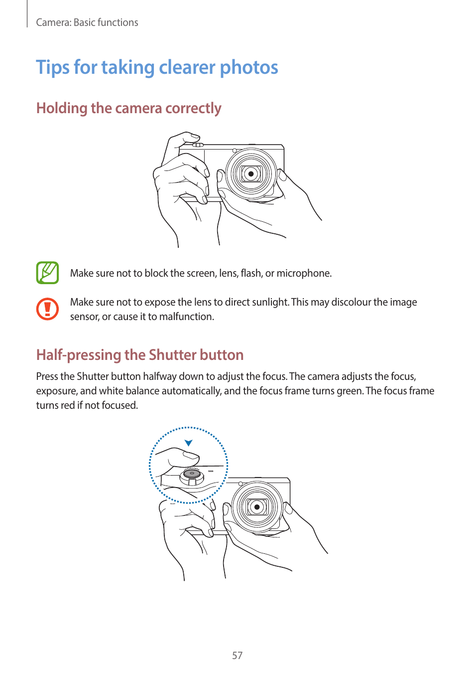 Tips for taking clearer photos, 57 tips for taking clearer photos, Holding the camera correctly | Half-pressing the shutter button | Samsung EK-GC200ZWAXAR User Manual | Page 57 / 166