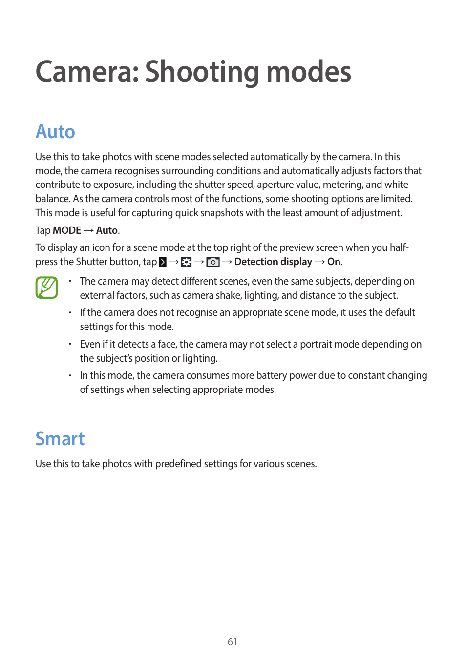 Camera: shooting modes, Auto, Smart | 61 auto 61 smart | Samsung EK-GC200ZWAXAR User Manual | Page 61 / 166