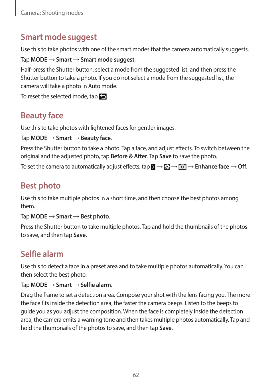 Smart mode suggest, Beauty face, Best photo | Selfie alarm | Samsung EK-GC200ZWAXAR User Manual | Page 62 / 166