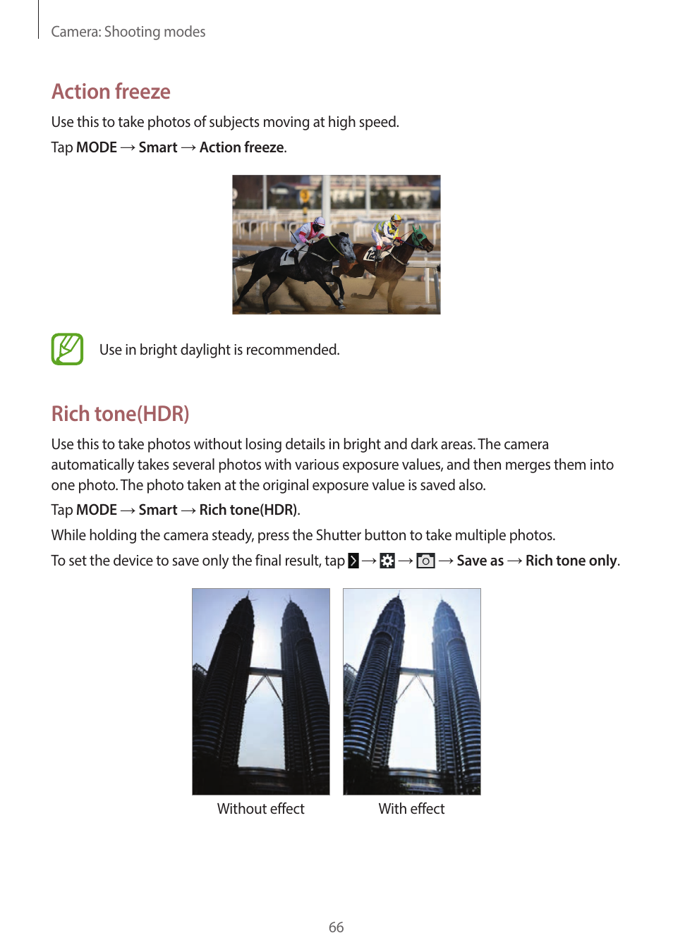 Action freeze, Rich tone(hdr) | Samsung EK-GC200ZWAXAR User Manual | Page 66 / 166