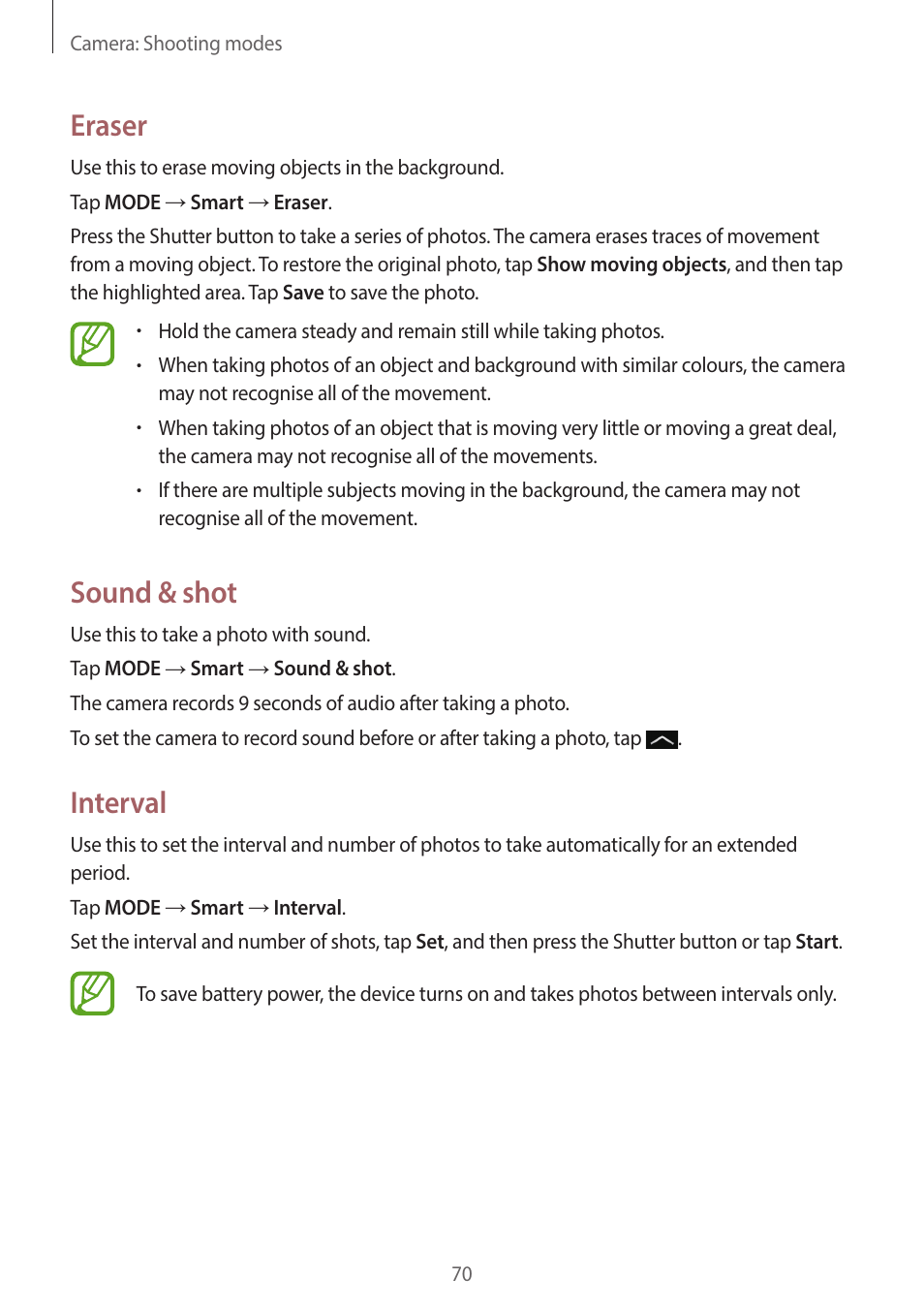 Eraser, Sound & shot, Interval | Samsung EK-GC200ZWAXAR User Manual | Page 70 / 166