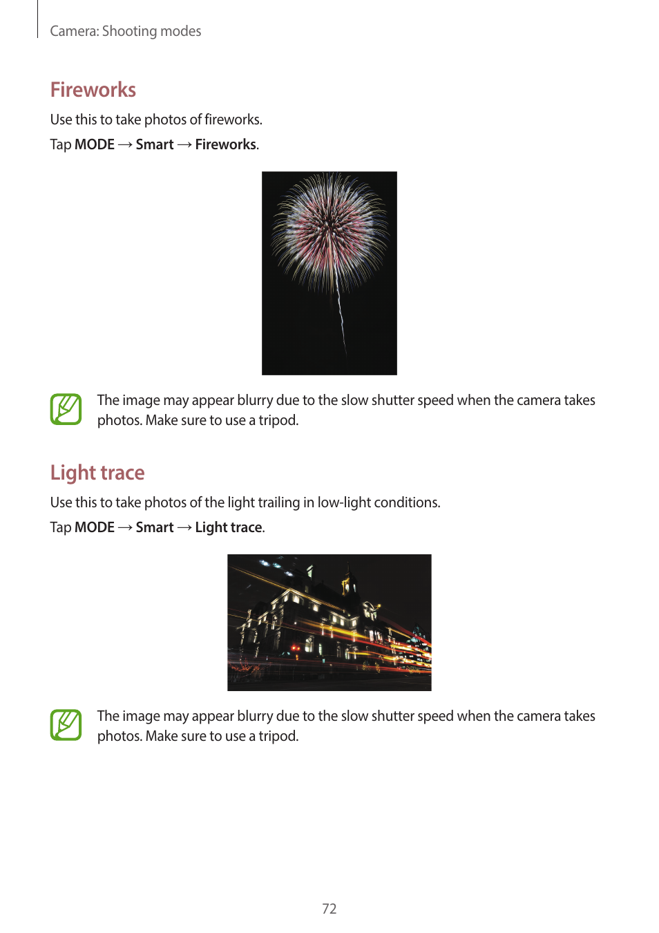 Fireworks, Light trace | Samsung EK-GC200ZWAXAR User Manual | Page 72 / 166