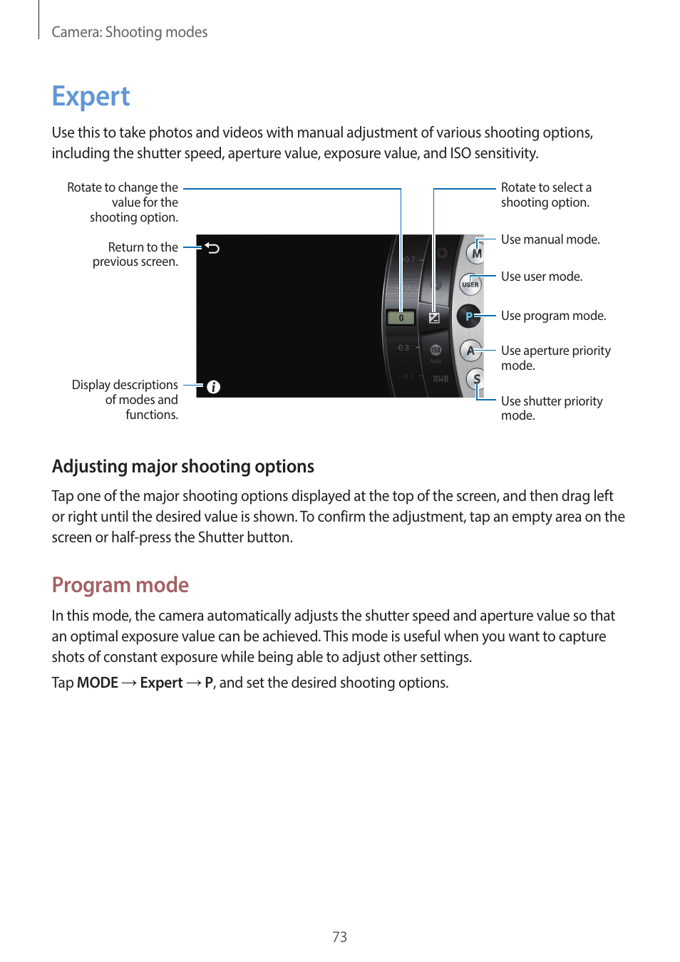 Expert, 73 expert, Program mode | Adjusting major shooting options | Samsung EK-GC200ZWAXAR User Manual | Page 73 / 166