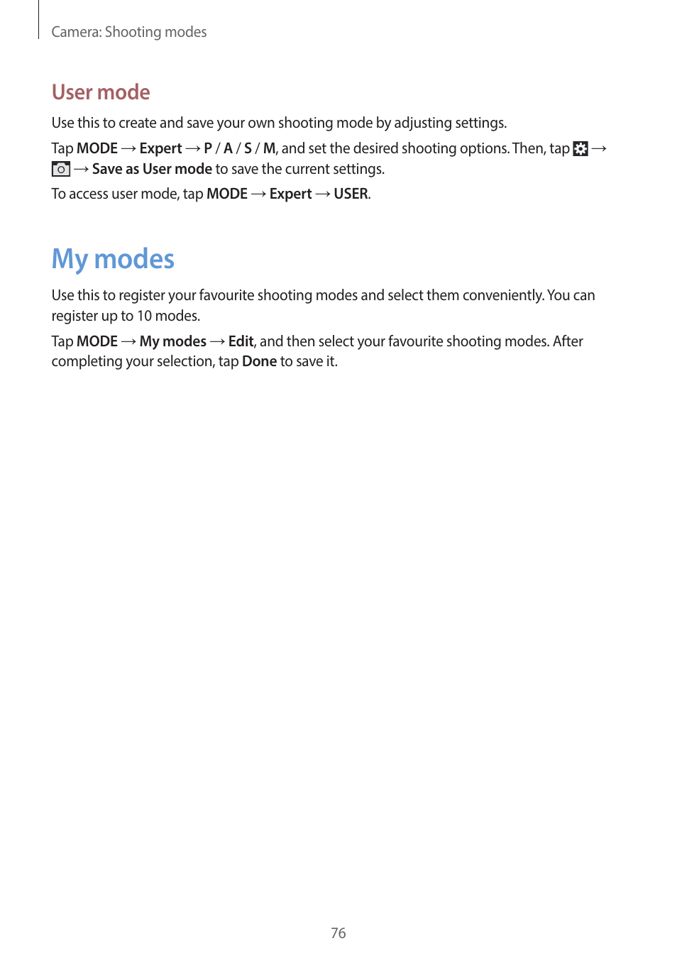 My modes, 76 my modes, User mode | Samsung EK-GC200ZWAXAR User Manual | Page 76 / 166