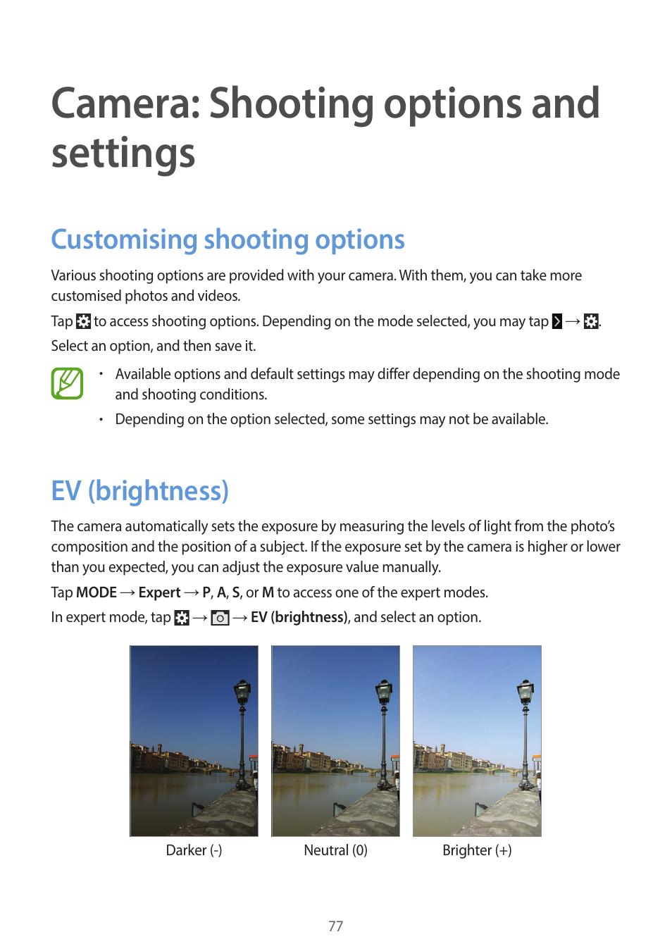 Camera: shooting options and settings, Customising shooting options, Ev (brightness) | Camera: shooting options, And settings, 77 customising shooting options 77 ev (brightness) | Samsung EK-GC200ZWAXAR User Manual | Page 77 / 166