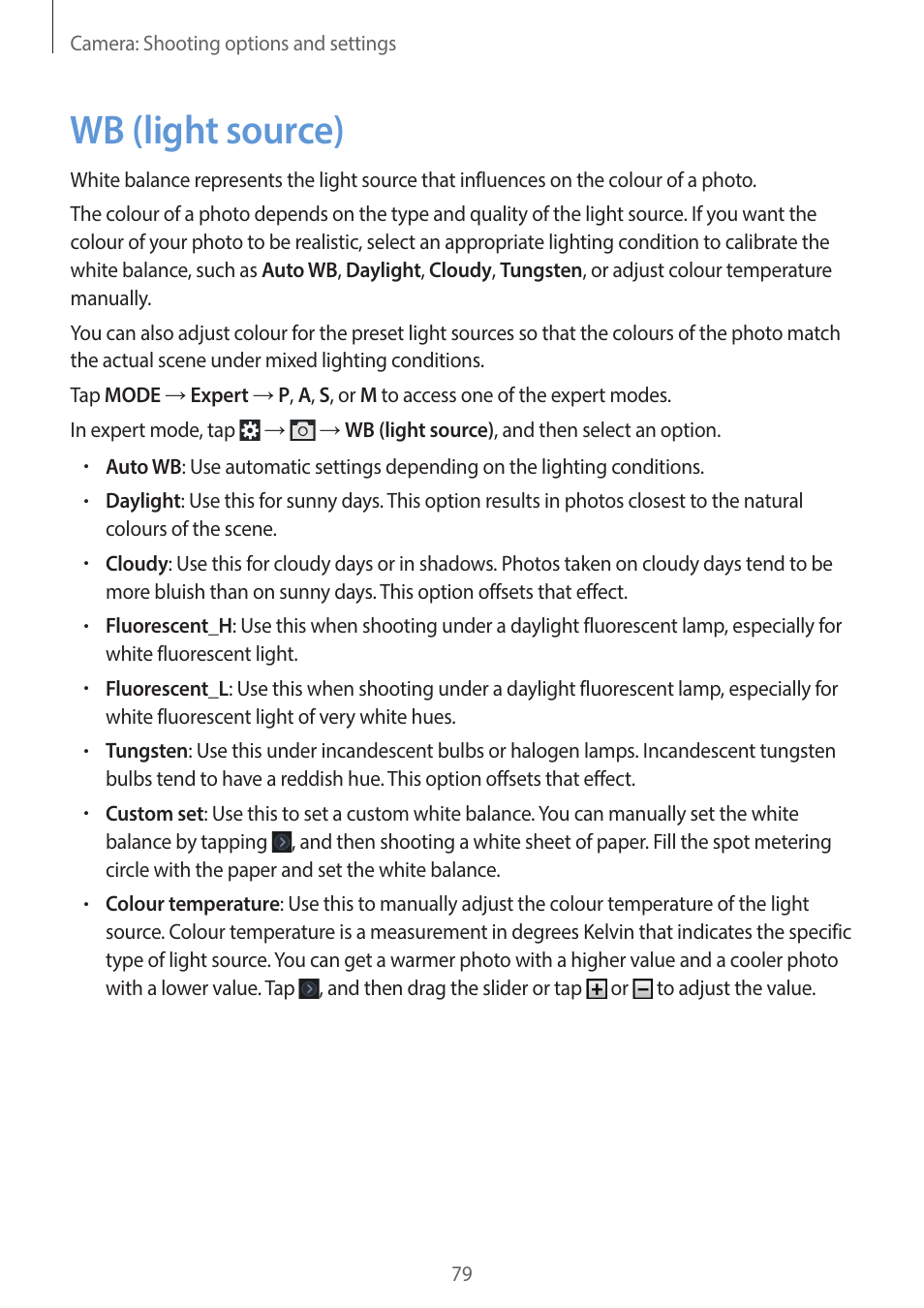 Wb (light source), 79 wb (light source) | Samsung EK-GC200ZWAXAR User Manual | Page 79 / 166