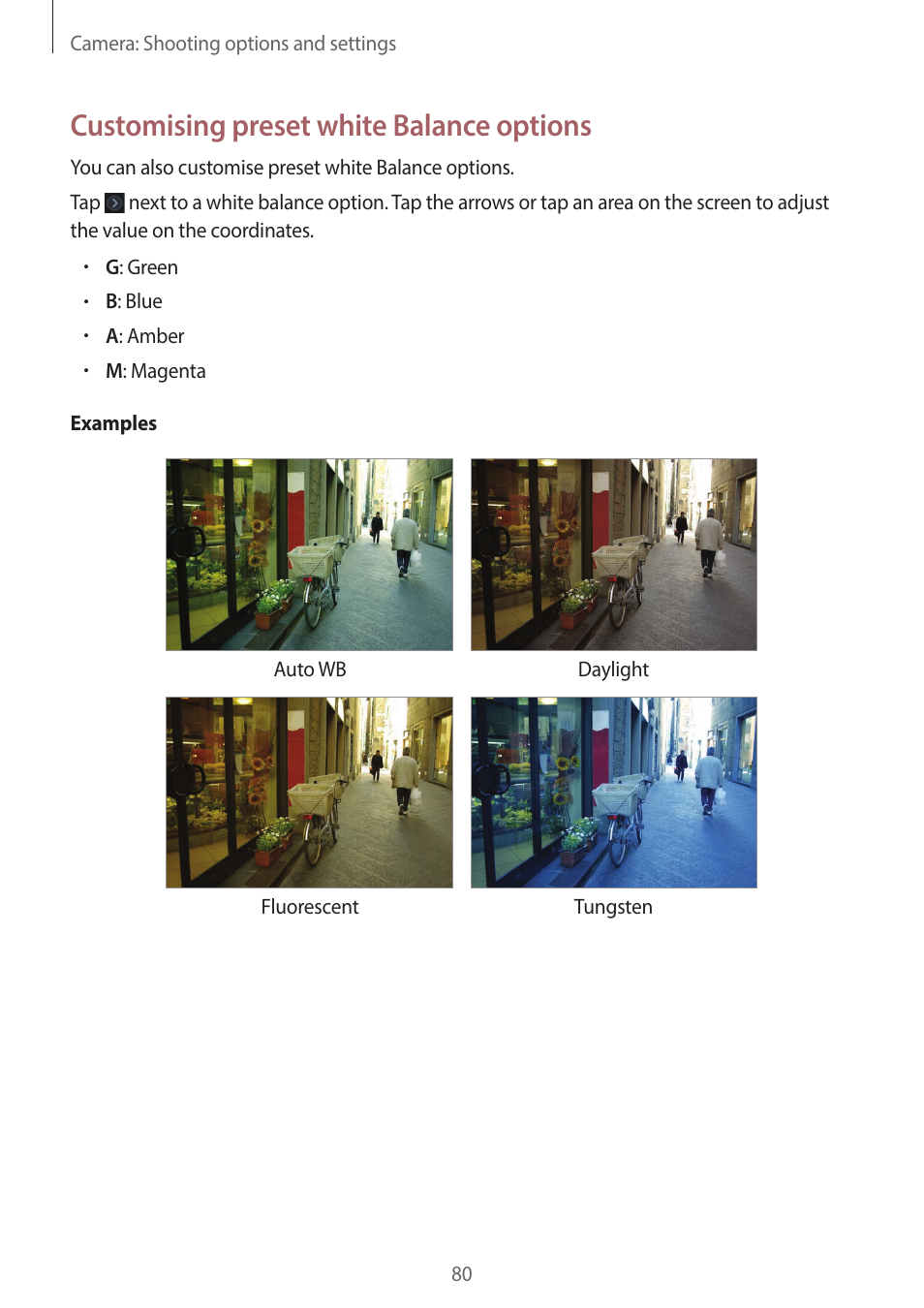 Customising preset white balance options | Samsung EK-GC200ZWAXAR User Manual | Page 80 / 166