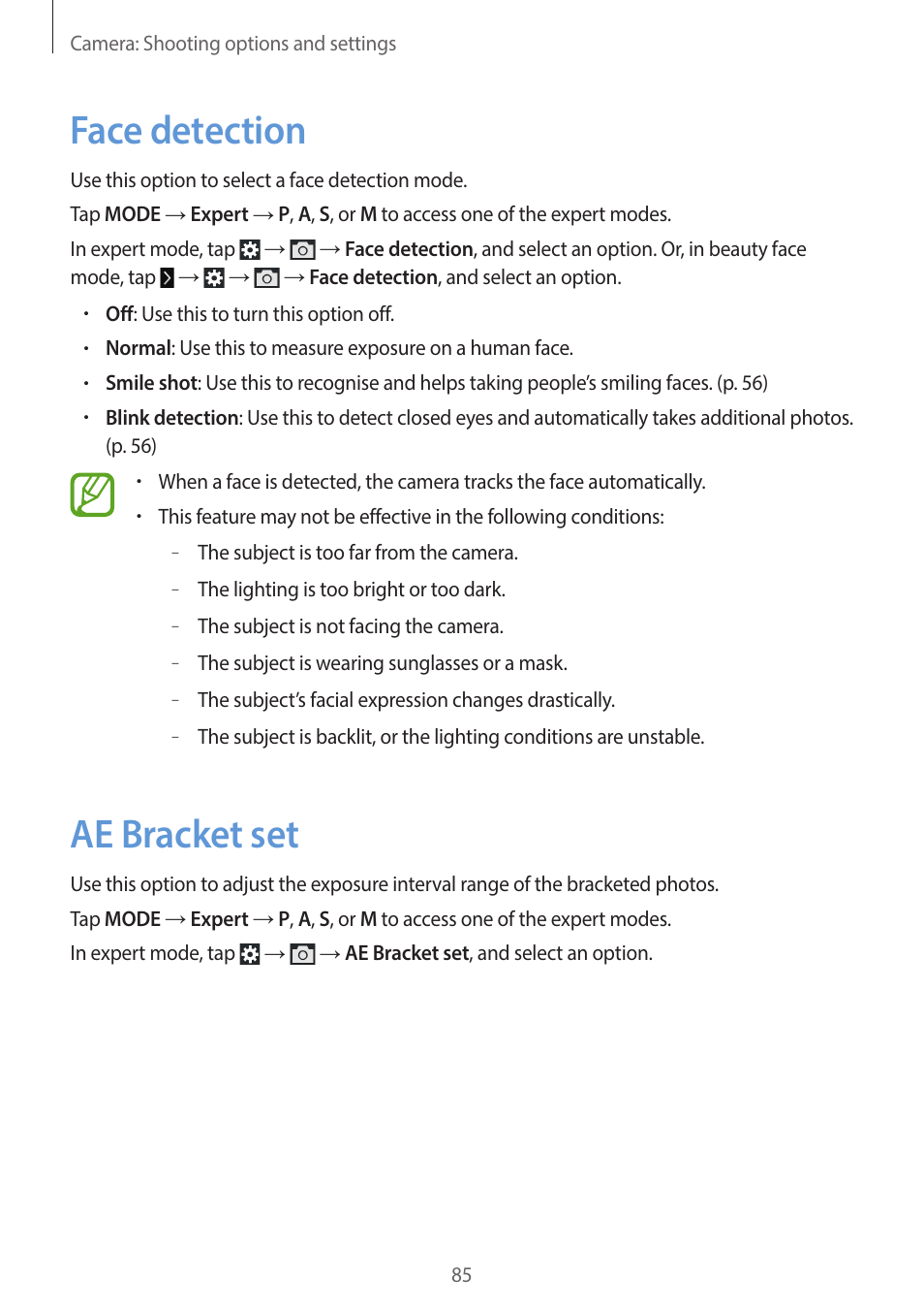 Face detection, Ae bracket set, 85 face detection 85 ae bracket set | Samsung EK-GC200ZWAXAR User Manual | Page 85 / 166