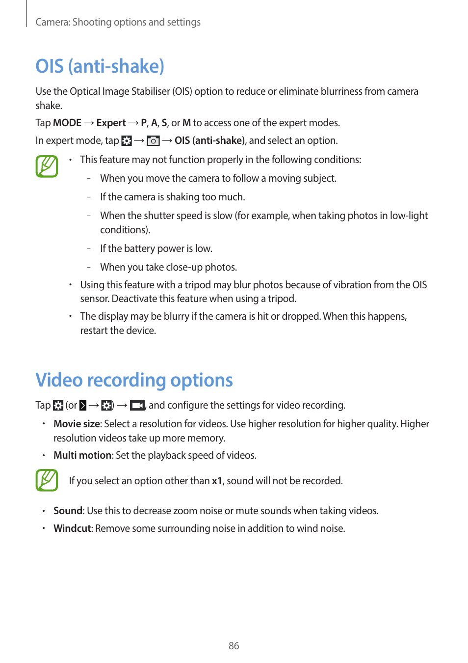 Ois (anti-shake), Video recording options, 86 ois (anti-shake) 86 video recording options | Samsung EK-GC200ZWAXAR User Manual | Page 86 / 166