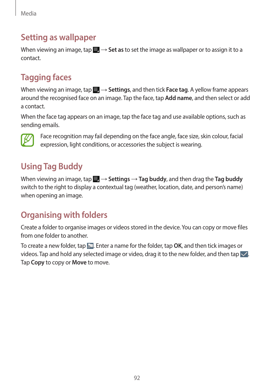 Setting as wallpaper, Tagging faces, Using tag buddy | Organising with folders | Samsung EK-GC200ZWAXAR User Manual | Page 92 / 166