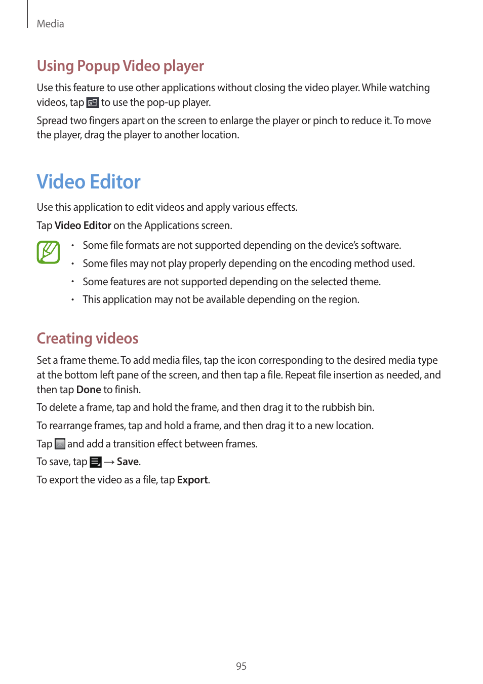Video editor, 95 video editor, Using popup video player | Creating videos | Samsung EK-GC200ZWAXAR User Manual | Page 95 / 166