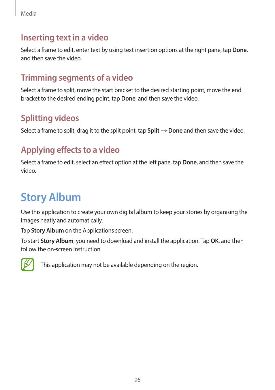 Story album, 96 story album, Inserting text in a video | Trimming segments of a video, Splitting videos, Applying effects to a video | Samsung EK-GC200ZWAXAR User Manual | Page 96 / 166