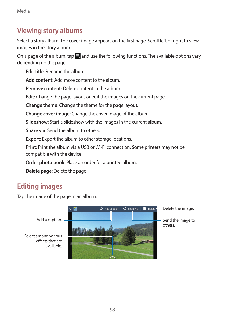 Viewing story albums, Editing images | Samsung EK-GC200ZWAXAR User Manual | Page 98 / 166