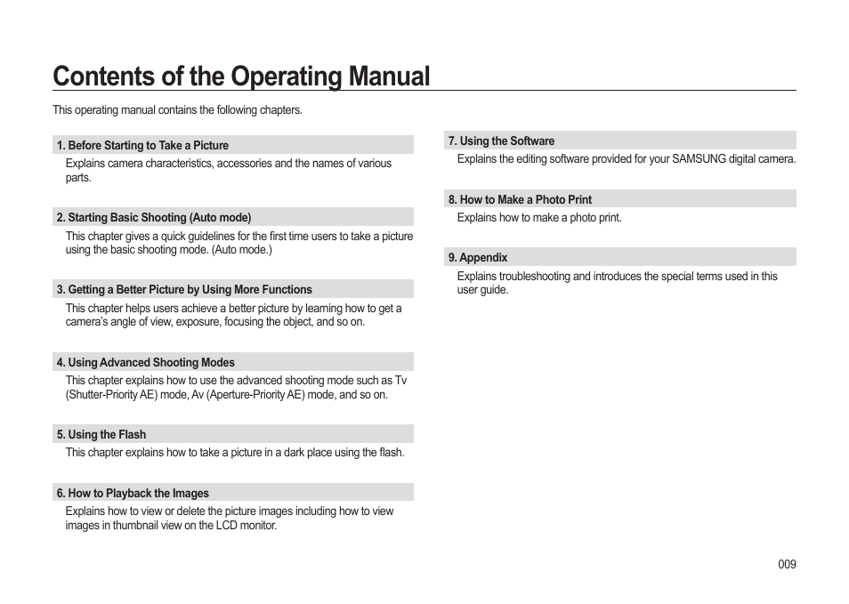 Contents of the operating manual | Samsung ER-GX20ZBBB-E1 User Manual | Page 10 / 163