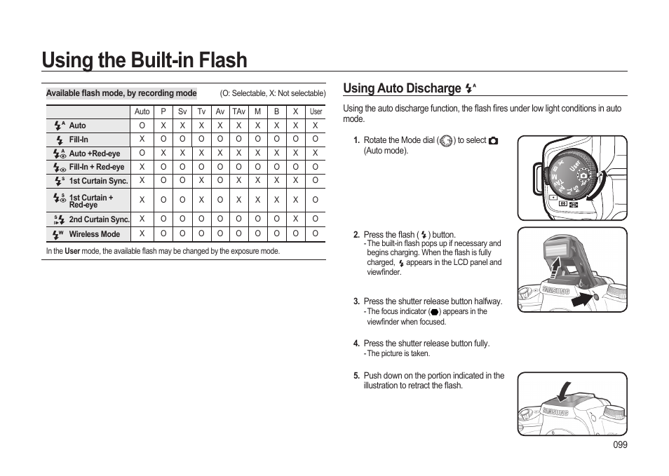 Using the built-in flash, Using auto discharge | Samsung ER-GX20ZBBB-E1 User Manual | Page 100 / 163