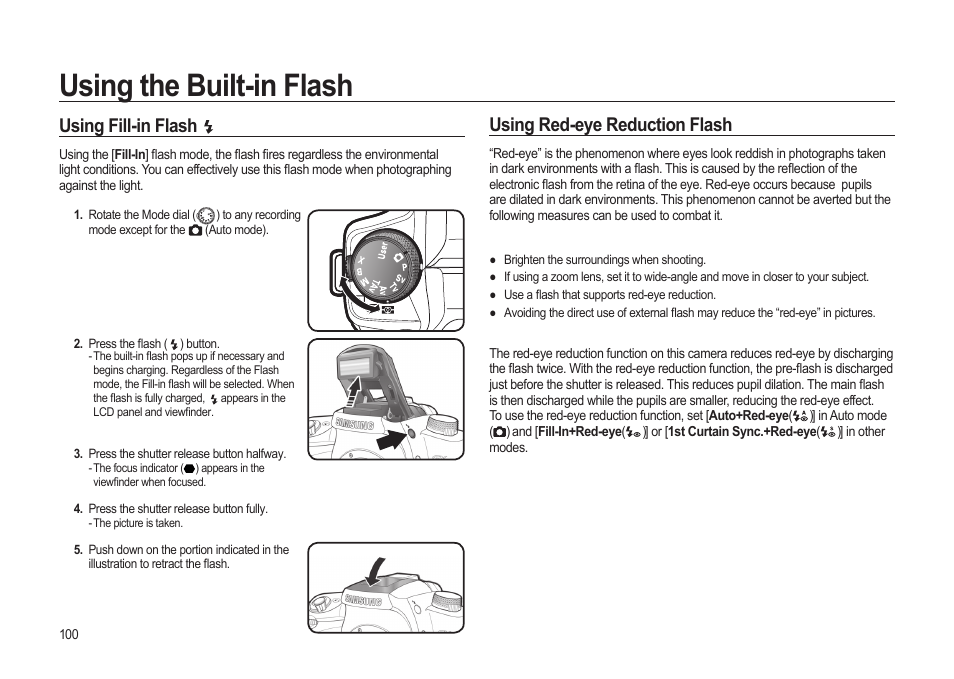 Using the built-in flash, Using red-eye reduction flash, Using fill-in flash | Samsung ER-GX20ZBBB-E1 User Manual | Page 101 / 163