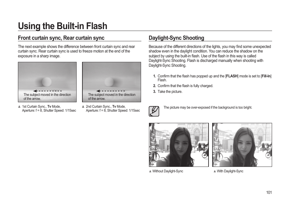 Using the built-in flash, Daylight-sync shooting, Front curtain sync, rear curtain sync | Samsung ER-GX20ZBBB-E1 User Manual | Page 102 / 163