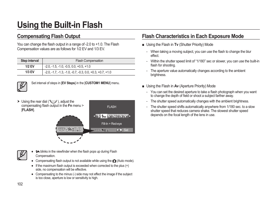 Using the built-in flash, Compensating flash output, Flash characteristics in each exposure mode | Samsung ER-GX20ZBBB-E1 User Manual | Page 103 / 163