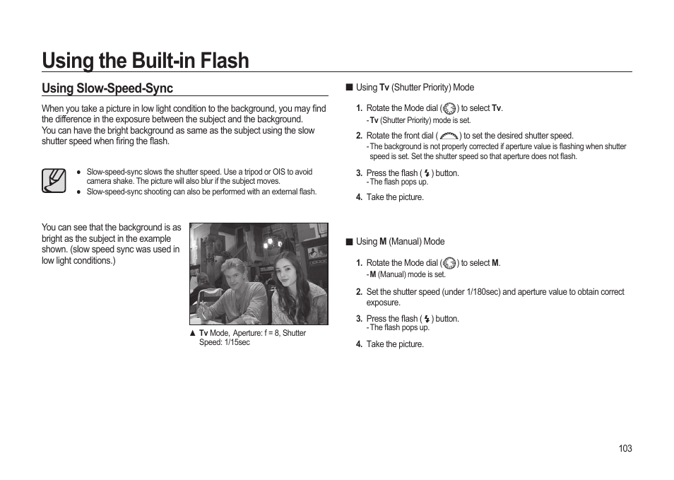 Using the built-in flash, Using slow-speed-sync | Samsung ER-GX20ZBBB-E1 User Manual | Page 104 / 163